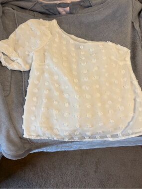 Versona Ivory One-Shoulder Swiss Dot Blouse